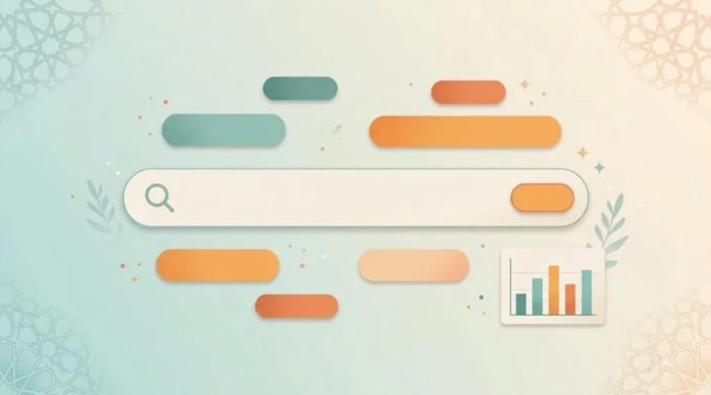 Illustration of a search bar with keyword tags, a bar chart and Arabic geometric pattern accents
