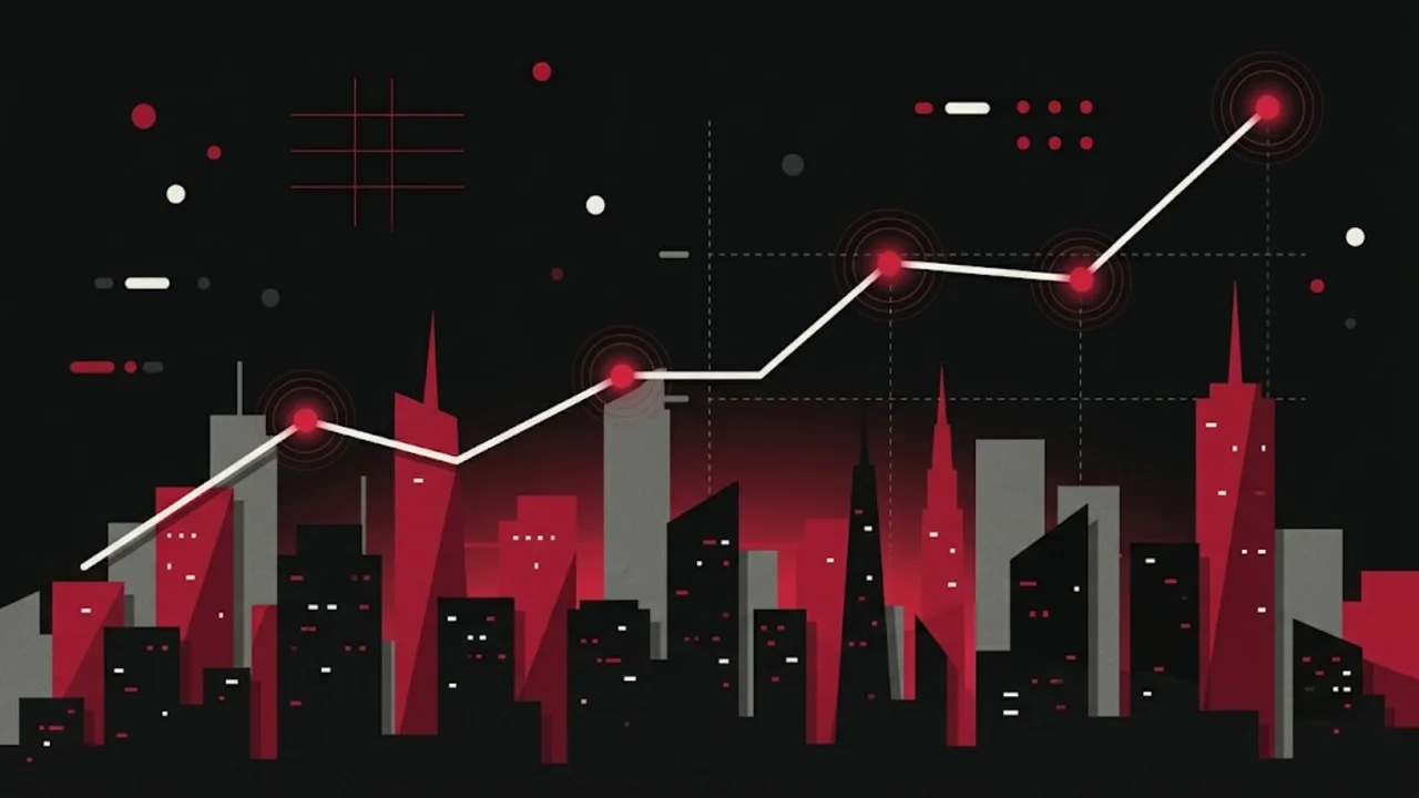 Stylised city skyline at dusk with a rising line chart