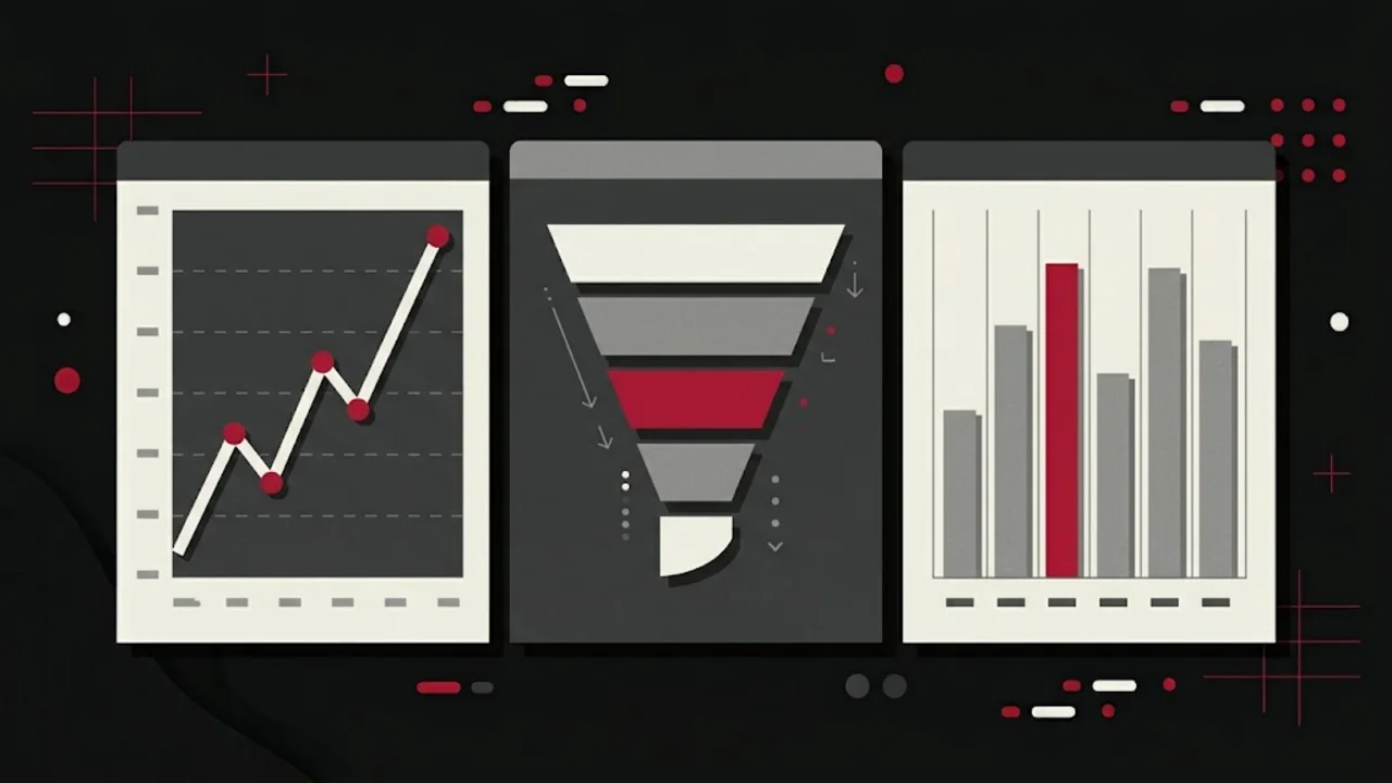 Abstract dashboard with a line chart, a funnel and bar columns