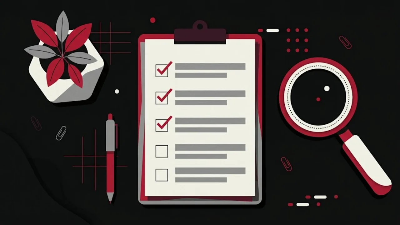 Illustration of a desk with a checklist, magnifying glass and a small plant