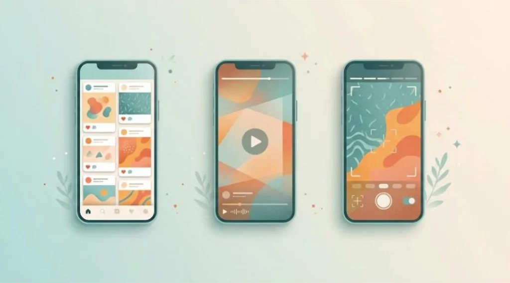 Illustration of three smartphones showing a photo grid, a vertical video and a camera story