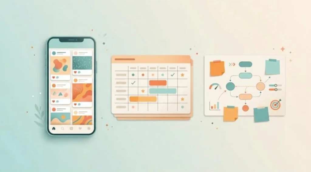 Illustration of a phone with social media feed cards, a content calendar and a strategy board