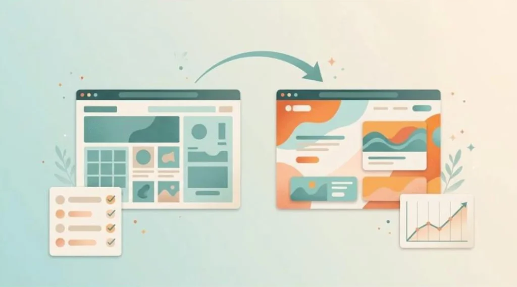Illustration of an old and a redesigned website connected by an arrow, with a checklist and a rising chart