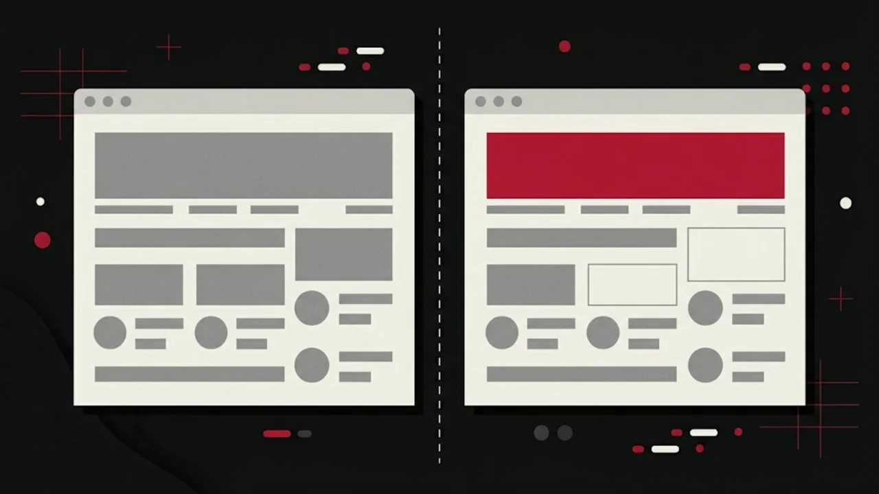 Two simple website wireframes side by side, one grey and one with a red header